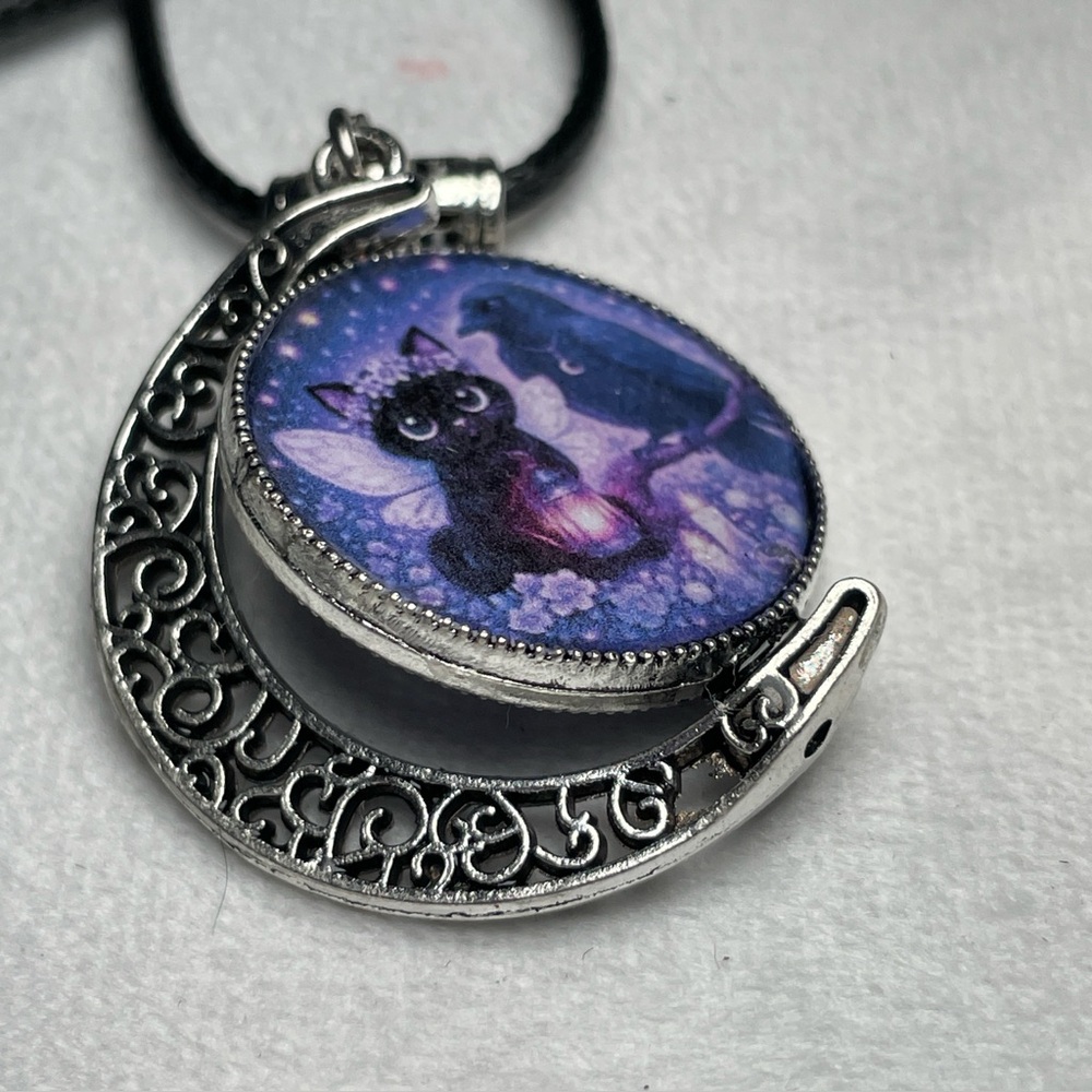 Double Black Cat Double Sided Moon Pendant - Gothic Witchy Jewelry -Artisan - Picture 9 of 16